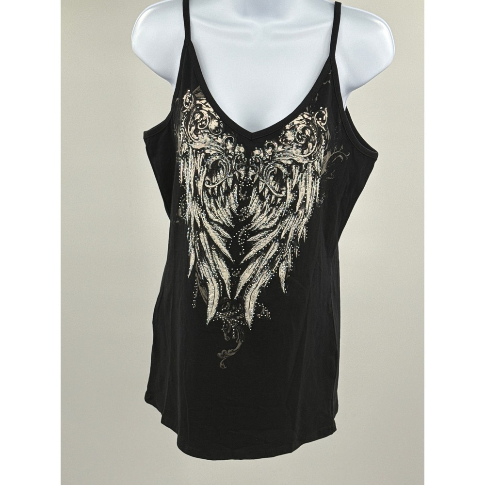 Platinum Plush Bus Stop Angel Wing Rhinestone Tank Top Black Large 2241 NWT
